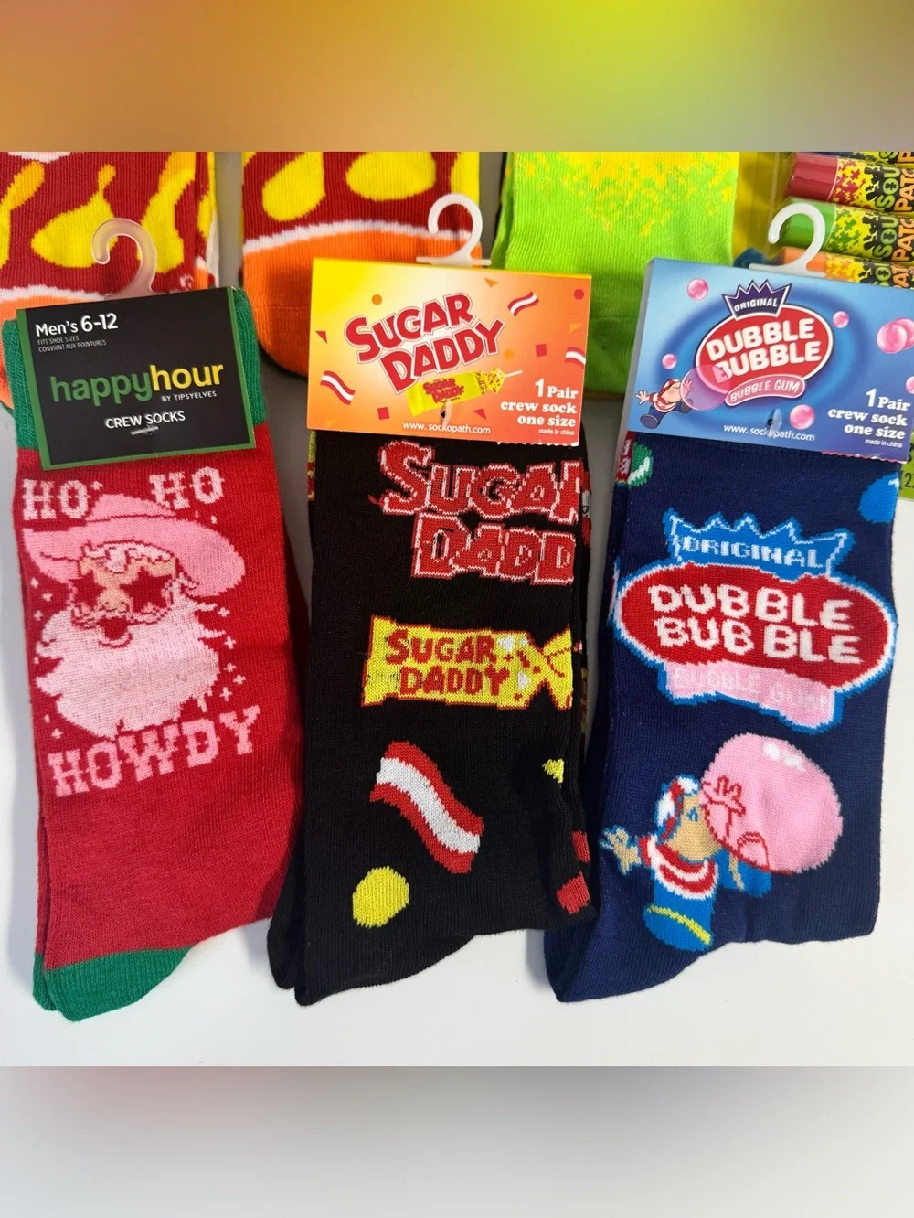 Novelty Socks & Sour Patch Lip Balm Lot Pringles Tipsy Elves Sugar Daddy Dubble